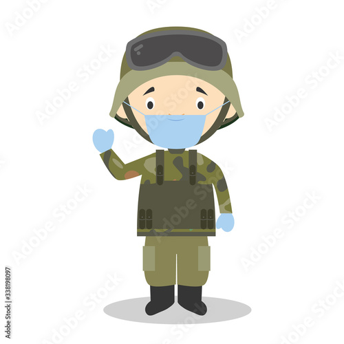Cute cartoon vector illustration of a soldier with surgical mask and latex gloves as protection against a health emergency