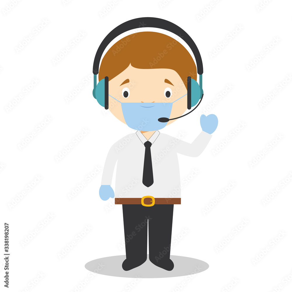 Cute cartoon vector illustration of a telemarketing phone operator with surgical mask and latex gloves as protection against a health emergency