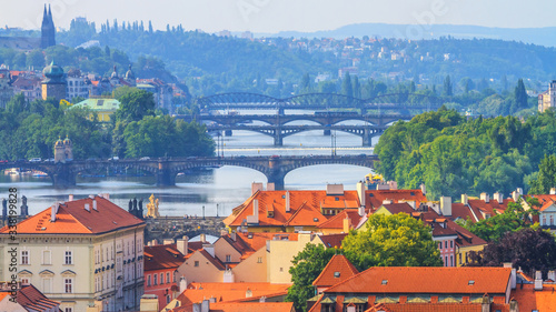 City summer landscape - top view of bridges over the River Vltava in the historical center of Prague, Czech Republic
