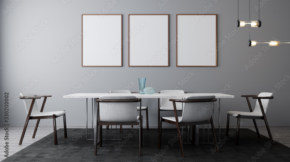 Stylish interior of bright dining room with table and chair. Poster ...