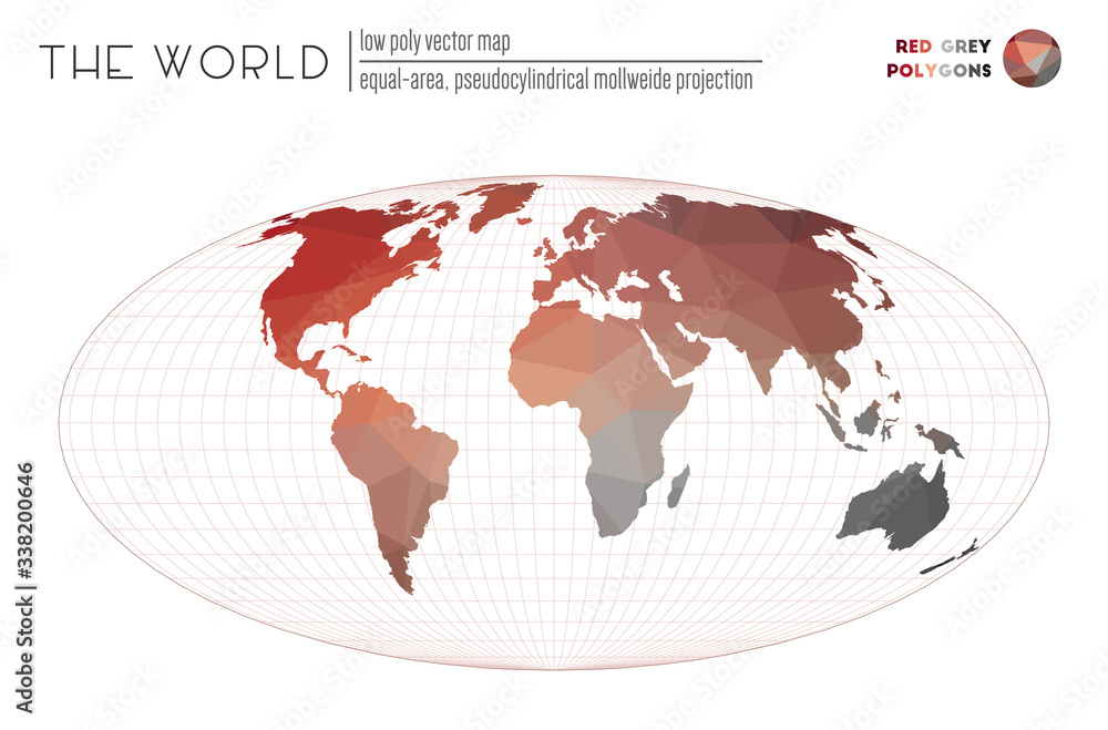 Polygonal map of the world. Equal-area, pseudocylindrical Mollweide projection of the world. Red and grey colored polygons. Stylish vector illustration. Polygonal map of the world. Equal-area, pseudocylindrical Mollweide projection of the world. Red and grey colored polygons. Stylish vector illustration.