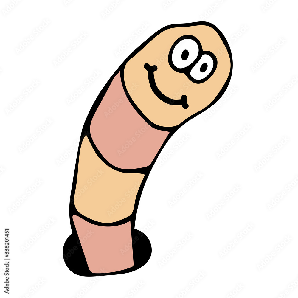 Cartoon linear doodle retro happy worm crawling out of a hole isolated ...