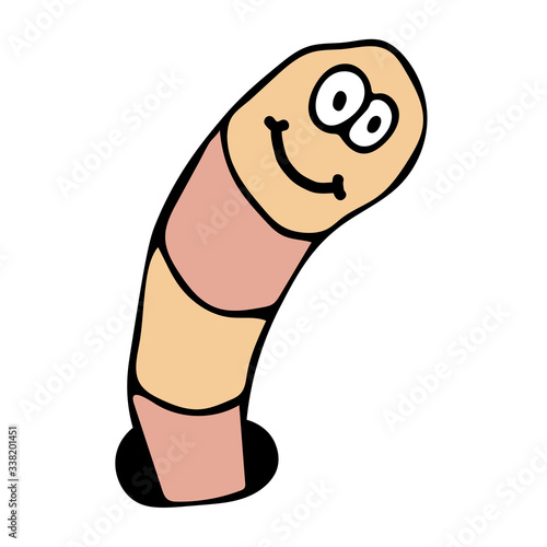 Cartoon linear doodle retro happy worm crawling out of a hole isolated on white background. Vector illustration.  