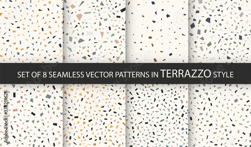 Set of 8 terrazzo veneziano seamless patterns. Pastel colors. Collection of trendy simple textures