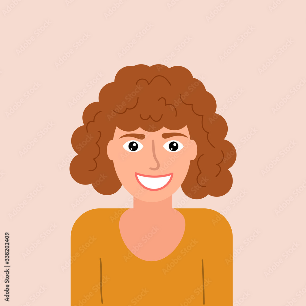 Cartoon happy young woman with curly hair in flat style isolated on yellow background. Avatar icon. Portrait. Vector illustration. Cartoon happy young woman with curly hair in flat style isolated on yellow background. Avatar icon. Portrait. Vector illustration.