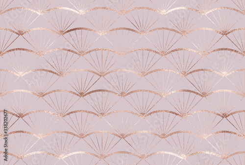 Art deco seamless pattern with rose gold fan tiles.