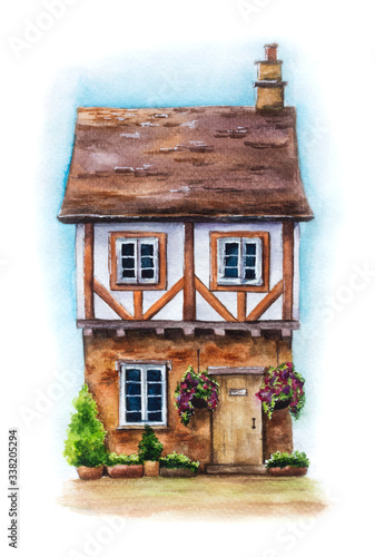 Watercolor illustration of traditional English house isolated on white background. Hand drawn cute village house with hanging flowers  plants and sky. 