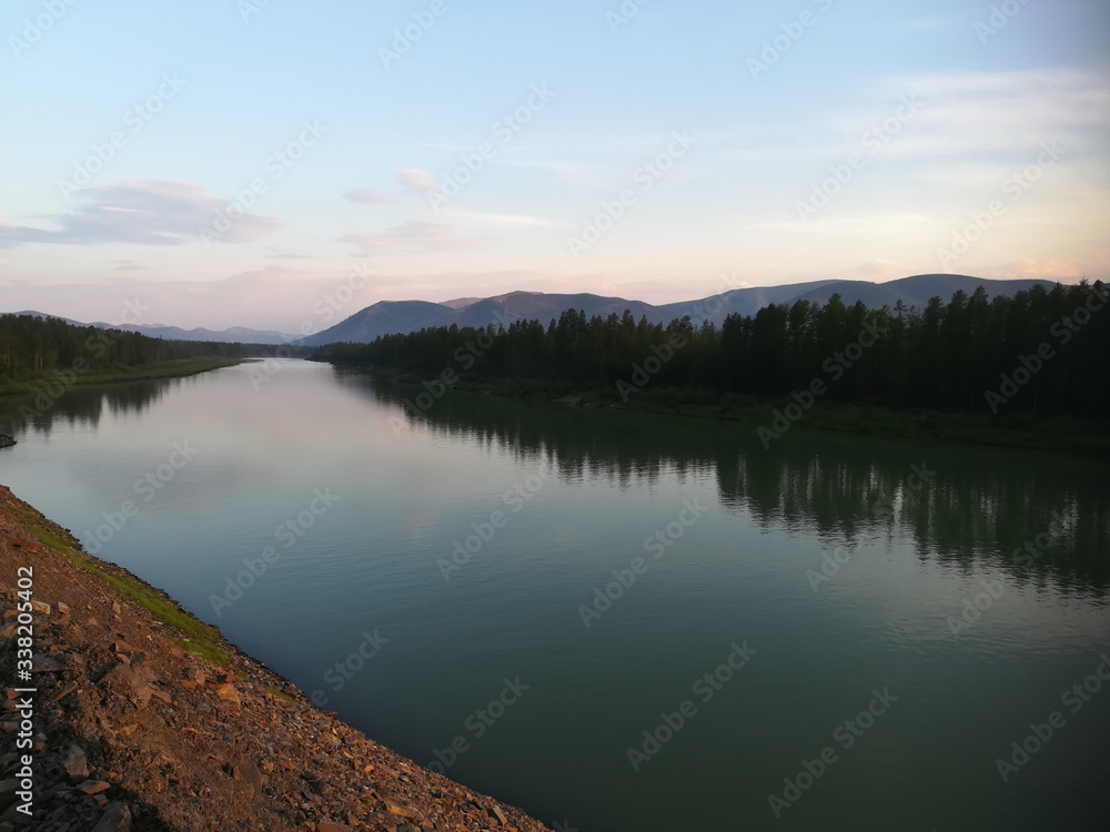 River in Magadan region. Mountains at Kolyma river Russia