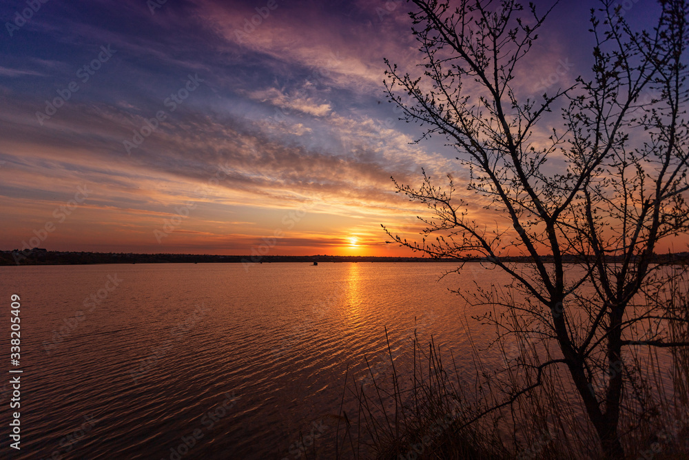 Beautiful sunset on the lake with a tree in the foreground, with clouds and reflections on the water Beautiful sunset on the lake with a tree in the foreground, with clouds and reflections on the water