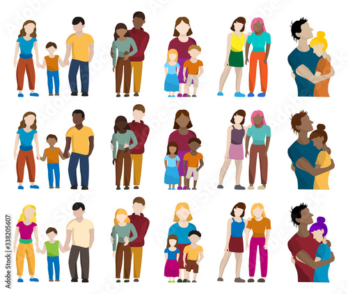 Set of colored silhouettes of different people: men, women, children, families
