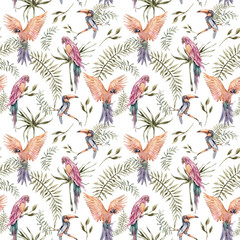Wandcirkels Botanische print patronen Toekan en papegaaien tussen palmbladeren  © Tiana_Geo
