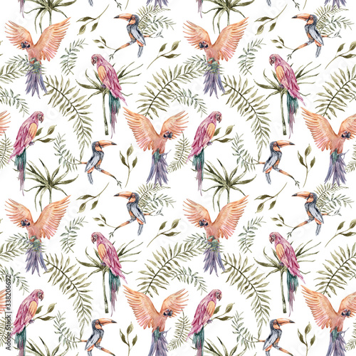 Hand painted watercolor tropical seamless pattern with exotic palm leaves, toucan, parrots on white background. Palm leaves, jungle leaves. Floral pattern for wallpaper, scrapbooking, wrapping © Tiana_Geo