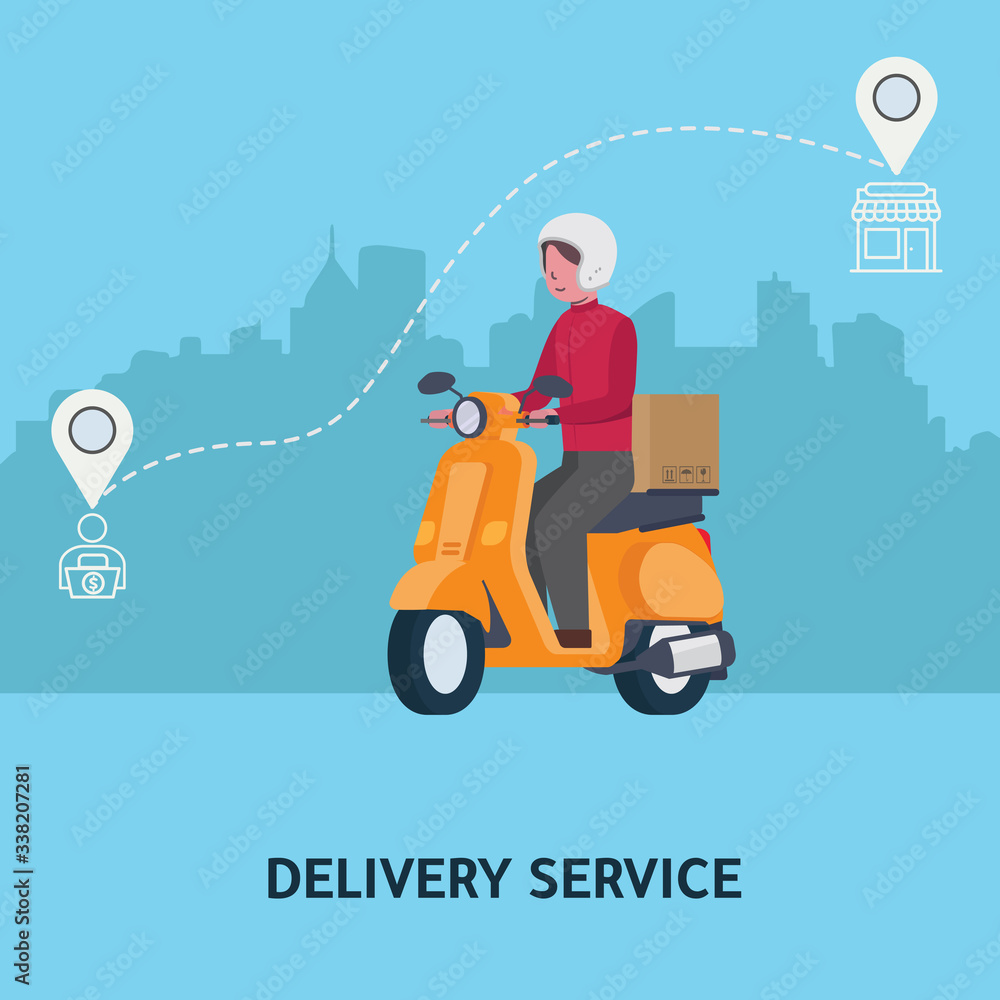 Fast Delivery illustration. Courier driving on scooter to delivery the parcel/cardboard boxes