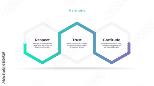 Business infographics. Timeline with 3 steps, options, hexagons. Vector template.
