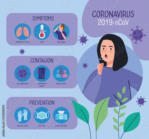 woman with cough and infographic of coronavirus 2019 ncov and icons vector illustration design