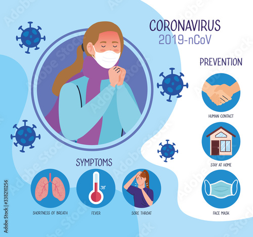 woman with fever and infographic of coronavirus 2019 ncov and icons vector illustration design