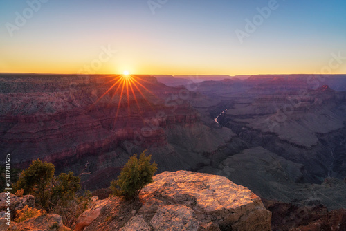 sunset at pima point on the rim trail at the south rim of grand canyon in arizona, usa