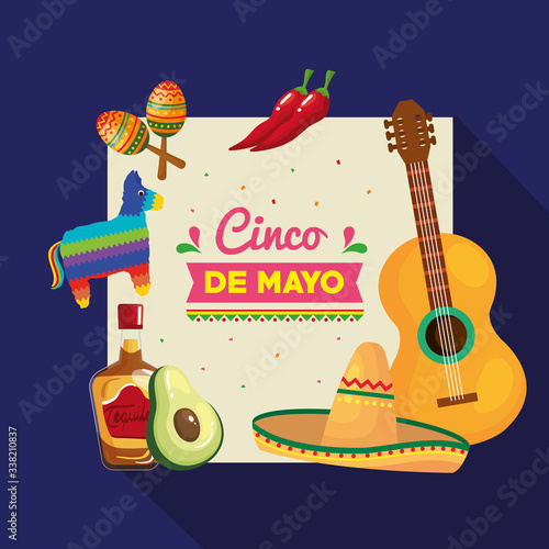 Mexican icon set frame design, Cinco de mayo mexico culture tourism landmark latin and party theme Vector illustration