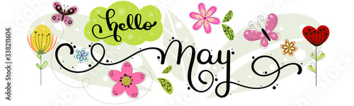 Hello May. MAY month vector with flowers and leaves. Decoration floral. Illustration month may photo