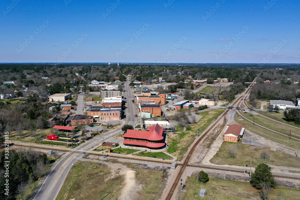 Wide angle view of Main street. Hamlet North Carolina. Typical small town in the United States. Aerial view.