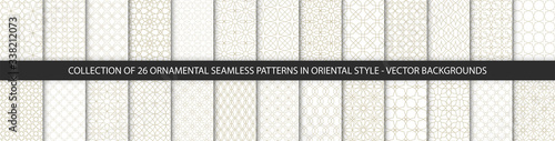 Big set of oriental patterns. White and gold background with Arabic ornaments. Patterns, backgrounds and wallpapers for your design. Textile ornament. Vector illustration.