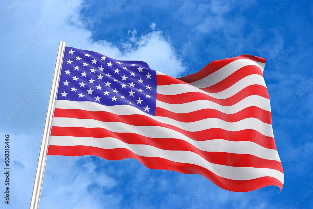 3d rendering. Windy waving USA American national flag with clipping path isolated on blue sky background.