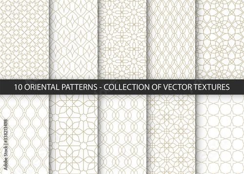 Collection of 10 oriental patterns. White and gold background with Arabic ornaments. Patterns, backgrounds and wallpapers for your design. Textile ornament. Vector illustration.