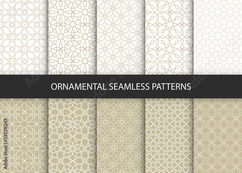Collection of 10 oriental patterns. White and gold background with Arabic ornaments. Patterns, backgrounds and wallpapers for your design. Textile ornament. Vector illustration.