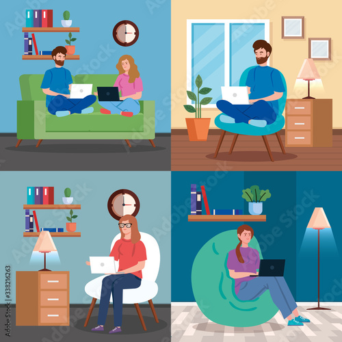 set scenes young people working in telecommuting vector illustration design