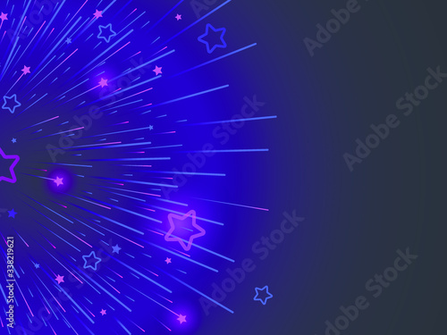 Star background with copy space Neon light rays and stars are blowing up in dark space