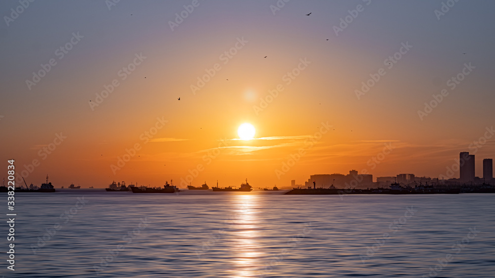 Waiting Cargo Ships at Sunset Reflection