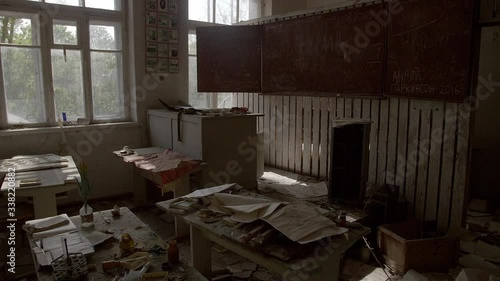 Chernobyl Exclusion Zone. Inside an Abandoned School in Mashevo Village. Wide Dolly Shot photo