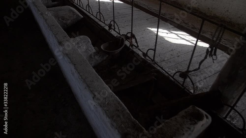 Chernobyl Exclusion Zone. Abandoned Cowshed on Farm in Mashevo Village. Wide Dolly Shot photo