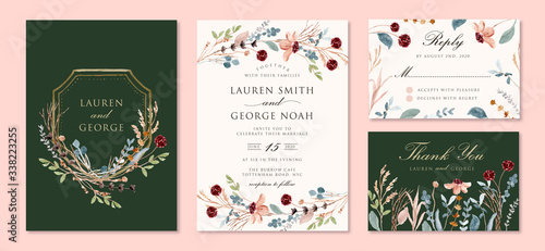 wedding invitation set with wild floral branches watercolor