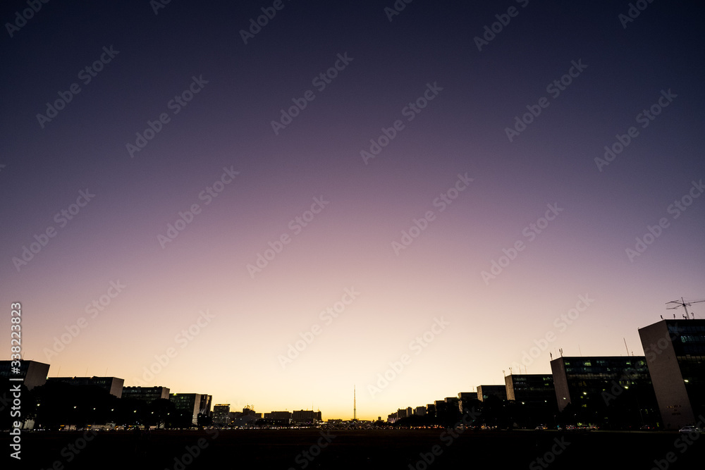 Silhouette of Brasilia`s Ministries Esplanade at sunset
