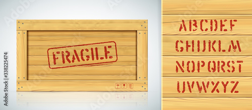 Handle with care sign on wooden box. Typography for shipping marking. Military style typeface. Alphabet for freight transportation stamp. Bold font on wood texture