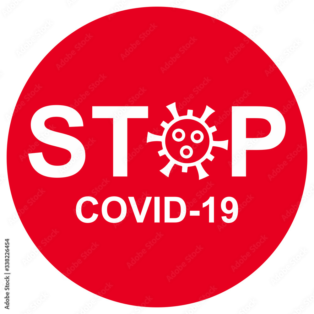 Sign Stop COVID-19, concept of coronavirus disease prevention and quarantine. Banner with COVID19 coronavirus icon and pandemic warning theme on red. - obrazy, fototapety, plakaty 