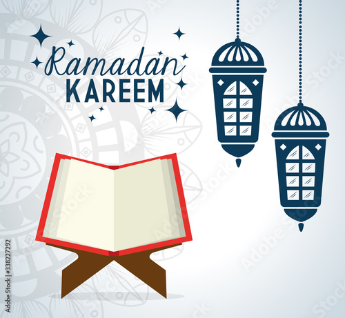 ramadan kareem poster with lanterns hanging and koran vector illustration design