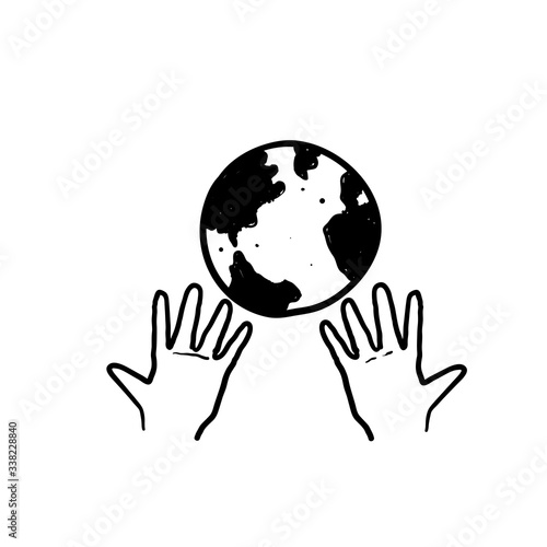 hand drawn globe in hand illustration symbol for save environment vector icon