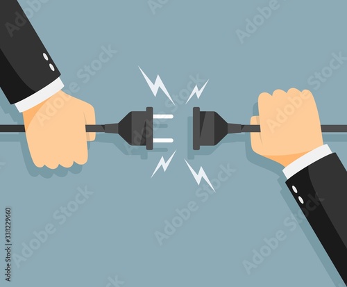 Connection, disconnection electricity. Vector illustration flat design. Men are holding in hand plug and socket to connect. Abstract concept isolated on the background of electric circuit.