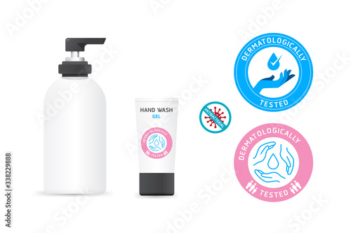 Antibacterial antiviral alcohol sanitizer gel and hand wash lotion   bottle with dermatologically tested vector label healthy safe product concept design.