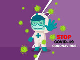 Stop covid 19 coronavirus. Cartoon character with professional doctors wearing protective showing stop sign by hands. Vector illustration