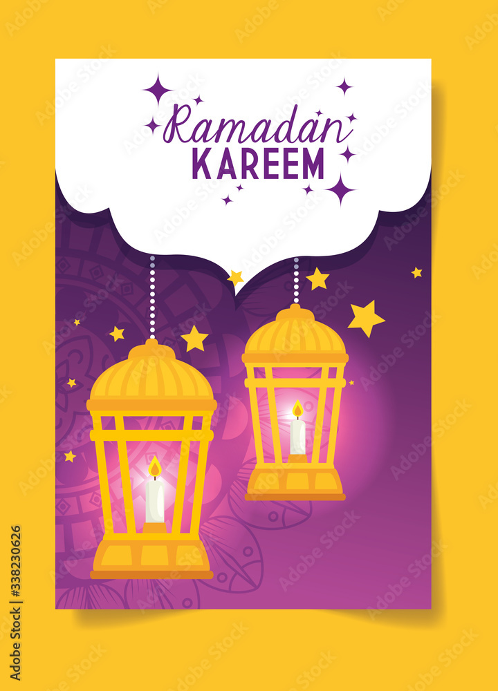 Naklejka premium ramadan kareem poster with lanterns hanging vector illustration design