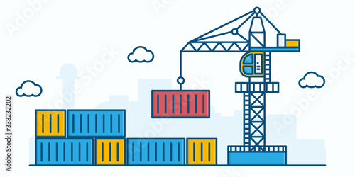 Crain and container on warehouse.  freight transport and logistics concept. Thin Line art vector illustration. photo