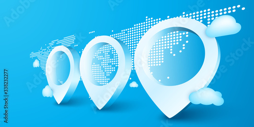 Infographics bank space tree pin icon checking on world map background. Locator position point. 3d perspective vector illustration