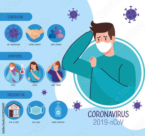 man with face mask and infographic of coronavirus 2019 ncov and icons vector illustration design