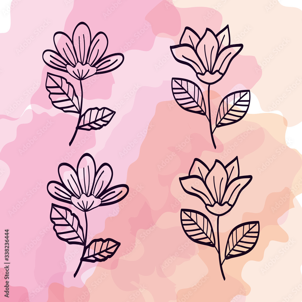 set of cute flowers with branches and leafs vector illustration design
