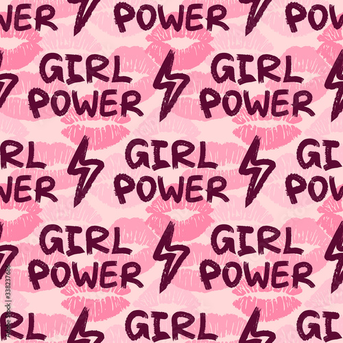 Seamless pattern with female different colors lipstick kiss and girl power inscription. Feminist slogan background.