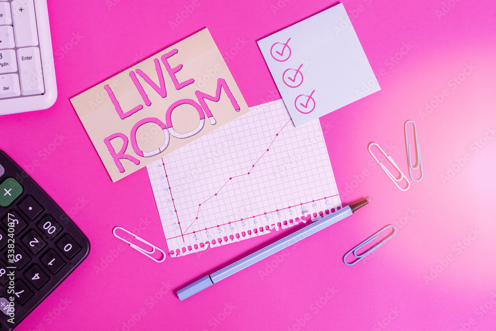 Text sign showing Live Room. Business photo text the room in a house or apartment that is used for relaxing in Stationary and note paper plus math sheet with diagram picture on the table Text sign showing Live Room. Business photo text the room in a house or apartment that is used for relaxing in Stationary and note paper plus math sheet with diagram picture on the table