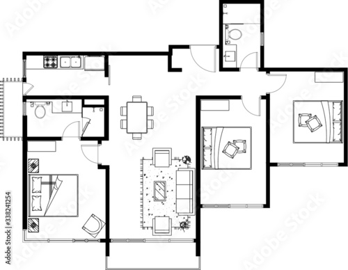2D CAD layout plan drawing of a house with a three bedroom complete with two bathrooms, kitchen and living room. Drawing produced in black and white. 
